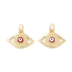 Red Rack Plating Brass Enamel Pendants, with Jump Ring, Cadmium Free & Nickel Free & Lead Free, Real 18K Gold Long-Lasting Plated, Evil Eye, Red, 11.5x16x2mm, Hole: 3.5mm