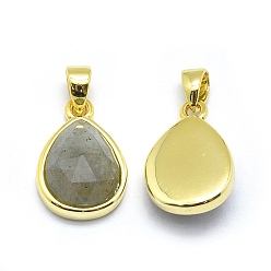 Labradorite Natural Labradorite Pendants, with Golden Tone Brass Findings, teardrop, Faceted, 14.5x9.5x5mm, Hole: 2.5x3.5mm