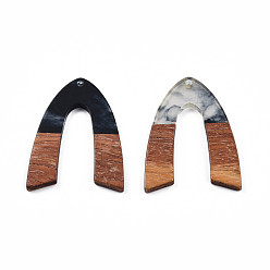 Gray Transparent Resin & Walnut Wood Pendants, V-Shaped Charm, Gray, 38x29x3mm, Hole: 2mm