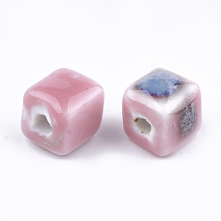 Pink Handmade Porcelain Beads, Fancy Antique Glazed Porcelain, Cube, Pink, 8x7.5~8x7.5~8mm, Hole: 1.5~2mm