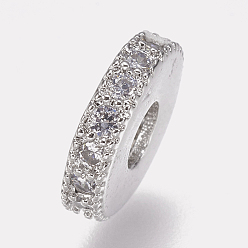 Platinum Brass Micro Pave Cubic Zirconia Bead Spacers, Flat Round, Clear, Platinum, 10x2mm, Hole: 3.5mm