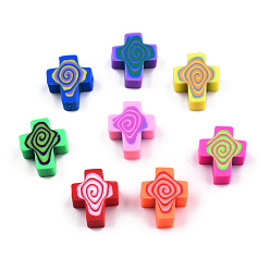 Mixed Color Handmade Polymer Clay Beads, Cross, Mixed Color, 12x10x4.5mm, Hole: 1.6mm