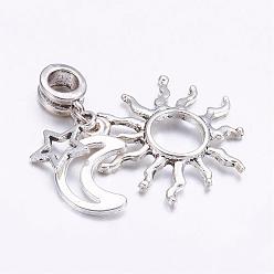 Antique Silver Tibetan Style Alloy European Dangle Charms, Star, Sun & Moon, Antique Silver, 37mm, Hole: 4.5mm