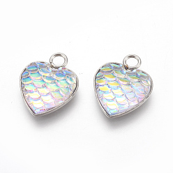 Colorful 304 Stainless Steel Pendants, with Resin, Heart with Fish Scale Shape, Stainless Steel Color, Colorful, 16x13x3.5mm, Hole: 2mm