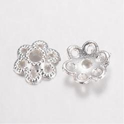 Silver Alloy Bead Caps, Hollow 6-Petal Flower, Silver Color Plated, 6.5x2mm, Hole: 1mm