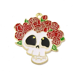 Red Halloween Alloy Enamel Pendants, Light Gold, Skull with Rose Charm, Red, 31x29x1.5mm, Hole: 2mm