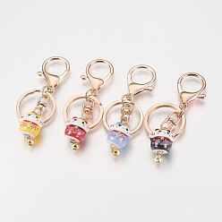 Mixed Color Handmade Porcelain Kitten Keychain, with Alloy Lobster Clasps, Iron Bell & Key Rings, Maneki Neko/Beckoning Cat, Golden, Mixed Color, 92mm