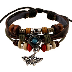 Brun De Noix De Coco Bracelets multi-rangs tressés en corde et cuir de vachette, bracelets pendentif en forme de papillon pour hommes femmes, style bohème, brun coco, 6-3/4 pouce (17 cm)