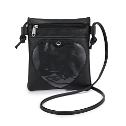Black PU Leather Crossbody Bags, Rectangle Women Bags, with Heart Clear Window & Zipper Lock, Black, 21.5x19x1cm