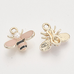Pink Alloy Enamel Pendants, with ABS Imitation Pearl Plastic Beads, Light Gold, Bee, Pink, 15x17.5x6mm, Hole: 2mm