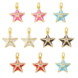 Mixed Color 10Pcs 5 Colors Rack Plating Brass Micro Pave Cubic Zirconia Pendants, with Enamel, Long-Lasting Plated, Real 18K Gold Plated, Cadmium Free & Lead Free, Starfish, Mixed Color, 18x16x4.5mm, Jump Ring: 6x1mm, Inner Diameter: 4mm, 2pcs/color