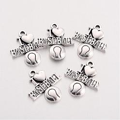 Antique Silver Tibetan Style Alloy Message Pendants, Sports Charms, Phrase I Love Baseball, Cadmium Free & Lead Free, Antique Silver, 21.5x18.7x3mm, Hole: 2mm, about 263pcs/500g