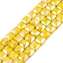 Yellow Electroplate Opaque Solid Color Glass Beads Strands, AB Color Plated, Faceted, Square, Yellow, 6x6x4.5mm, Hole: 1.2mm, about 95~98Pcs/strand, 24.41 inch(62cm)