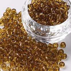 Amarilla Oscura Abalorios de la semilla de cristal, transparente, rondo, vara de oro oscuro, 8/0, 3 mm, agujero: 1 mm, sobre 10000 perlas / libra