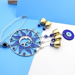 Azul Decoraciones colgantes de sol de esmalte de aleación, con campana de metal y mal de ojo azul para decoración colgante de coche, azul, 385x95 mm