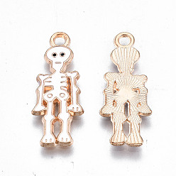 White Alloy Enamel Pendants, Halloween, Cadmium Free & Lead Free, Skeleton, Light Gold, White, 26x10x1.5mm, Hole: 1.8mm
