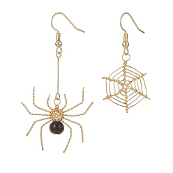 Black Onyx Boucles d'oreilles pendantes en onyx noir naturel, bijoux en laiton pour femmes, araignée et toile d'araignée, 43.5~62.5mm, pin: 0.6 mm