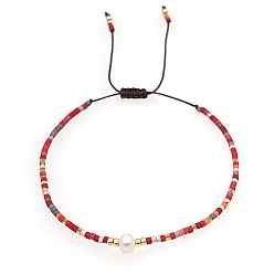 Rouge Bracelets de perles tressées en perles d'imitation de verre et graines, bracelet réglable, rouge, 11 pouce (28 cm)