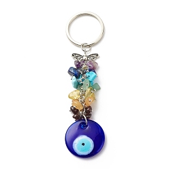 Medium Blue Natural & Synthetic Gemstone Beaded Keychain, Evil Eye Pendants Keychain, with Key Rings for Bag Accessory Ornament, Medium Blue, 12.45cm