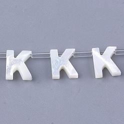 Letter K Cuentas de concha marinas naturales, concha blanca concha de nácar, cuentas perforadas superiores, letter.k, 10x2.5~11.5x3 mm, agujero: 0.8 mm