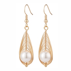 Golden Shell Pearl Braided Teardrop Dangle Earrings, Brass Wire Wrap Jewelry for Women, Golden, 50mm, Pin: 0.7mm