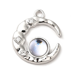 Platino Colgantes de diamantes de imitación de aleación de chapado en rack, con vidrio, sin plomo y cadmio, luna con plano redondo, Platino, 19x16.5x5 mm, agujero: 1.6 mm