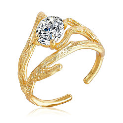 Золотой 925 открытая манжета из стерлингового серебра, прозрачное полое кольцо из кубического циркония для женщин, золотые, размер США 5 1/4 (15.9 мм)