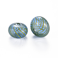 Cornflower Blue Transparent Handmade Blown Glass Globe Beads, Stripe Pattern, Flat Round, Cornflower Blue, 15.5~17.5x10~12mm, Hole: 1~2mm