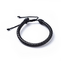 Black Adjustable Leather Cord Braided Bracelets, with Nylon Thread Cord, Burlap Paking Pouches Drawstring Bags, Black, 2 inch~2-7/8 inch(5.1~7.2cm), 6mm