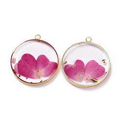 Fuchsia Transparent Clear Epoxy Resin Pendants, with Edge Golden Plated Brass Loops and Gold Foil, Flat Round Charms with Inner Flower, Fuchsia, 33.8x30x4mm, Hole: 2.5mm