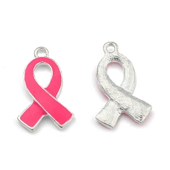 Silver October Breast Cancer Pink Awareness Ribbon Alloy Enamel Pendants, Silver Color Plated, 25x15x2mm, Hole: 2mm