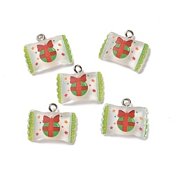 Green Yellow Christmas Theme Transparent Resin Pendants, with Platinum Tone Iron Loops, Candy Bag Charm with Gift Box Pattern, Green Yellow, 17x20.5x5mm, Hole: 2mm