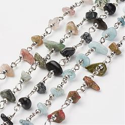 Mixed Stone Natural Gemstone Chips Handmade Beaded Chains, Unwelded, with Brass Beads and Iron Pins, Platinum, 39.37 inch(1m)