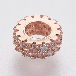 Rose Gold Eco-Friendly Brass Micro Pave Cubic Zirconia Beads, Lead Free & Cadmium Free, Ring, Rose Gold, 8x3mm, Hole: 3.8mm