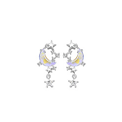 Platine Boucles d'oreilles pendantes étoile et lune en zircone cubique transparente avec pierre de lune, rhodié 925 bijoux en argent sterling pour femme, platine, 25x13mm