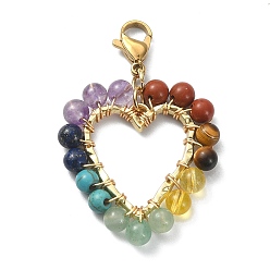 Mixed Stone Wire Wrapped Chakra Gemstone Heart Pendant Decorations, with 304 Stainless Steel Lobster Claw Clasps, 44x29x4.8mm