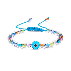 Bleu Ciel Clair Mauvais œil acrylique et bracelet de perles tressées au chalumeau rond pour femme, lumière bleu ciel, diamètre intérieur: 2~3-3/4 pouce (5.2~9.5 cm)