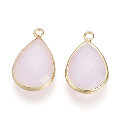 Pink Glass Pendants, with Brass Findings, Faceted, Drop, Light Gold, Pink, 18x10.5x4.5mm, Hole: 1.8~2.3mm