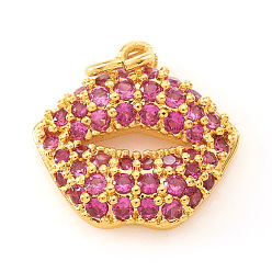 Real 18K Gold Plated Brass Micro Pave Cubic Zirconia Charms, Makeup Charms, with Jump Rings, Lip, Fuchsia, Real 18K Gold Plated, 11x11.5x3mm, Jump Ring: 4x0.5mm, Hole: 2.5mm