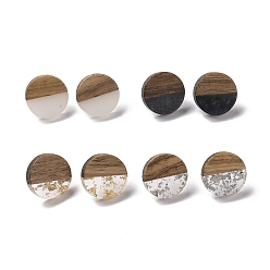 Mixed Color Resin & Walnut Wood Flat Round Stud Earrings with 304 Stainless Steel Pin for Women, Mixed Color, 15mm, Pin: 0.6mm