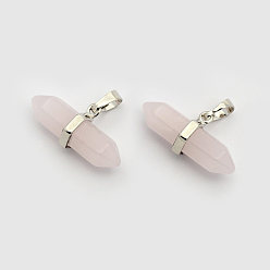 Rose Quartz Natural Rose Quartz Double Terminated Pointed Pendants, with Platinum Plated Brass Findings, Bullet, 15.5x30~35x8~9mm, Hole: 5x7.5mm