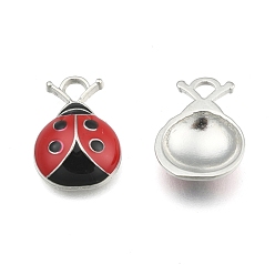 Red Alloy Enamel Pendants, Ladybug, Lead Free and Cadmium Free, Red and Black, Platinum, about 17.5mm long, 12.5mm wide, 4mm thick, hole:2mm