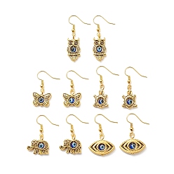Mixed Patterns Alloy Animal with Resin Evil Eye Beaded Dangle Earring, Golden Brass Jewelry for Women, Mixed Patterns, 31~41mm, Pin: 0.5mm