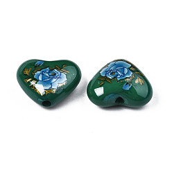 Dark Green Flower Printed Opaque Acrylic Heart Beads, Dark Green, 16x19x8mm, Hole: 2mm