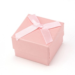 Pink Cardboard Jewelry Earring Boxes, with Ribbon Bowknot and Black Sponge, for Jewelry Gift Packaging, Square, Pink, 5x5x3.5cm