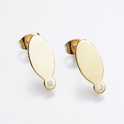 Golden 304 Stainless Steel Stud Earring Findings, with Flat Plate, Oval, Golden, 16x7x0.8mm, Pin: 0.8mm