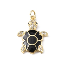 Black Rack Plating Brass Micro Pave Cubic Zirconia Pendants, with Enamel & Jump Ring, Cadmium Free & Lead Free, Long-Lasting Plated, Real 18K Gold Plated, Sea Turtle Charm, Black, 22.5x17x3mm, Hole: 3.2mm