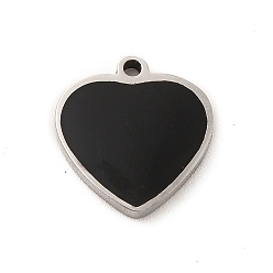Noir 304 Bijoux émaillés en acier inoxydable, charme coeur, couleur inox, noir, 11x11x1.4mm, Trou: 1mm