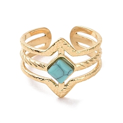 Golden Synthetic Turquoise Rhombus Open Cuff Ring, Titanium Steel Jewelry for Women, Golden, Inner Diameter: 19mm