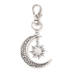 White Moon & Sun Alloy Pendant Decorations, Cat Eye and Alloy Swivel Lobster Claw Clasps Charm, Antique Silver & Platinum, White, 73mm